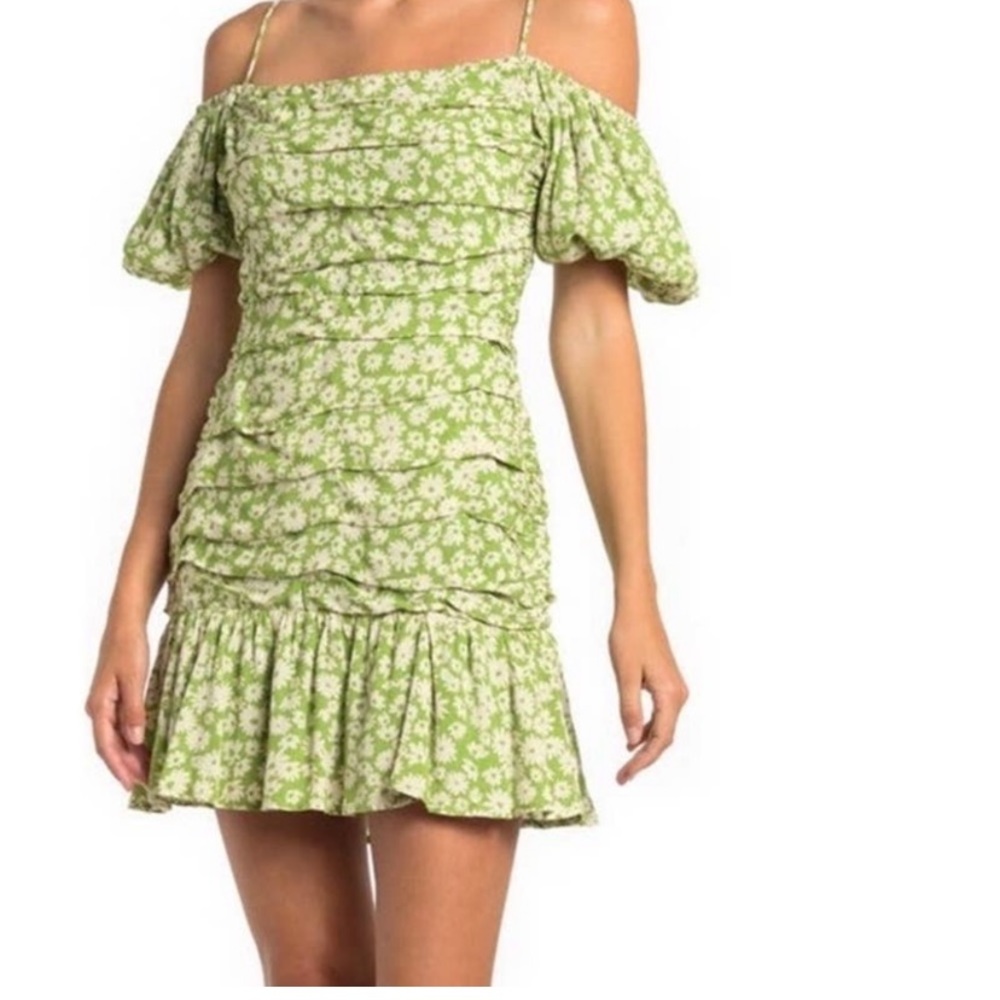 ASTR the Label Green Taupe Ditsy Square Neckline Ruched Mini Dress Size M